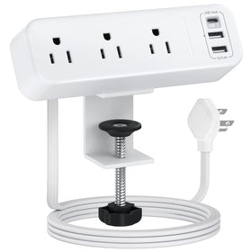 PAEWOK desk clamp power strip with three outlets and USB-C for organized charging.