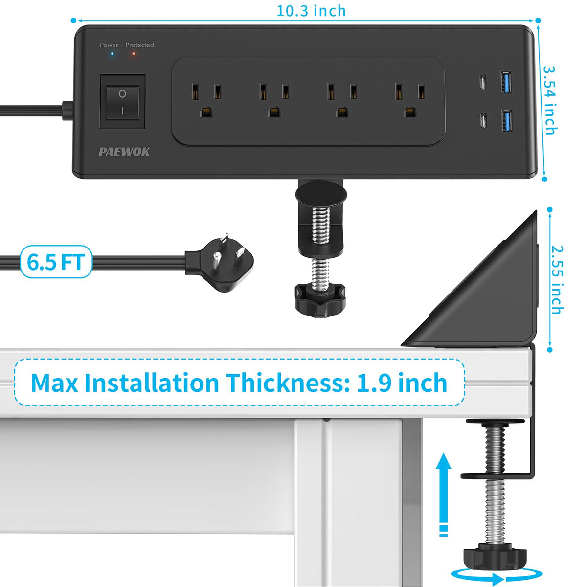 PAEWOK desk clamp power strip desk setup closeup showing cable management