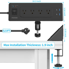 PAEWOK desk clamp power strip desk setup closeup showing cable management