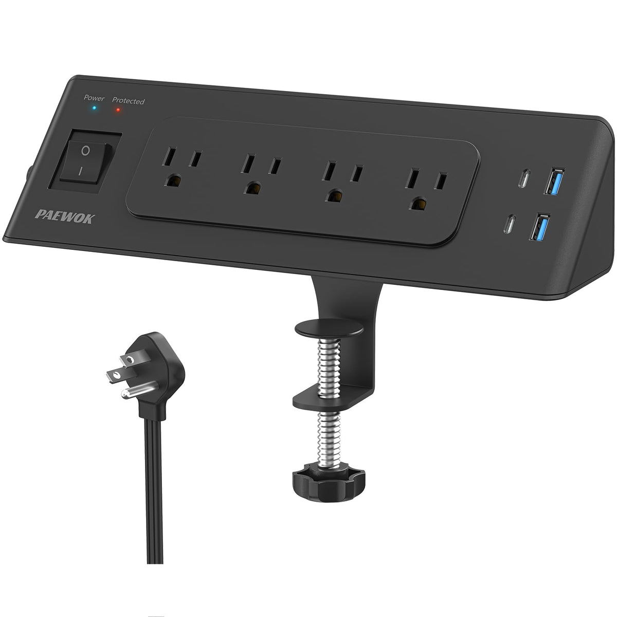 PAEWOK desk clamp power strip front view offers easy access to outlets