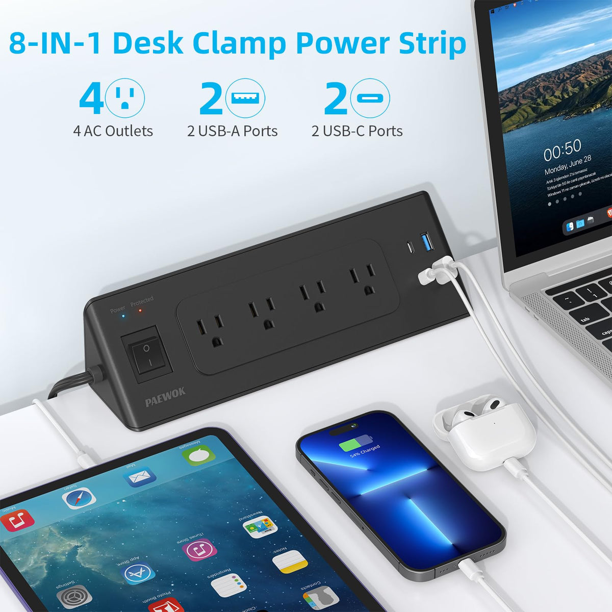 PAEWOK desk clamp power strip mounted on edge saves desk space for work