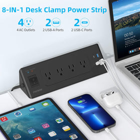 PAEWOK desk clamp power strip mounted on edge saves desk space for work