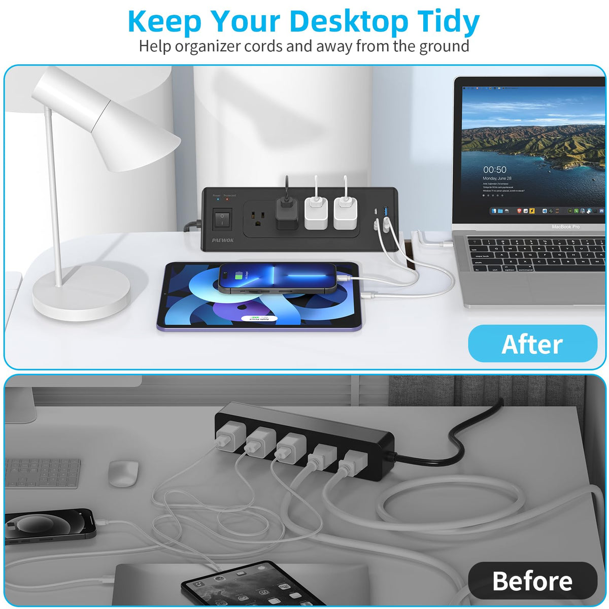 PAEWOK desk clamp power strip surge protection 1200 Joules