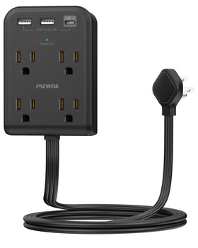PAEWOK flat multi-plug front view; compact, wall-friendly design fits behind furniture.