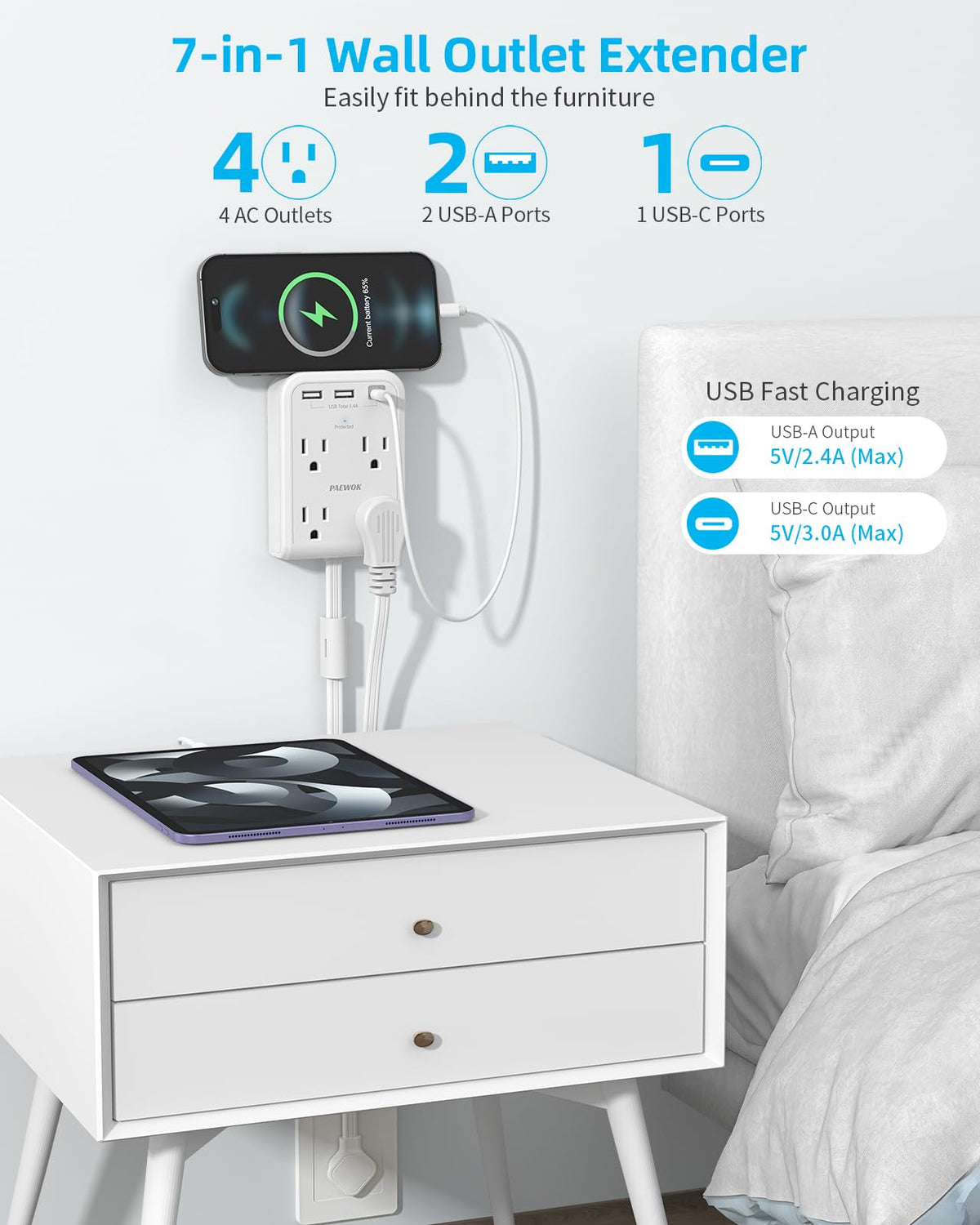 PAEWOK flat plug 45-degree design prevents blocking nearby outlets