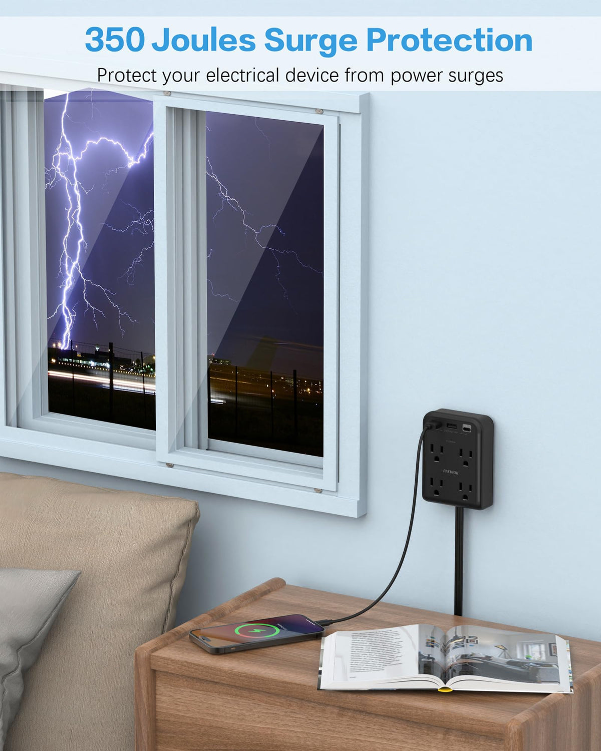 PAEWOK flat plug hidden behind a sofa for tidy wall setup