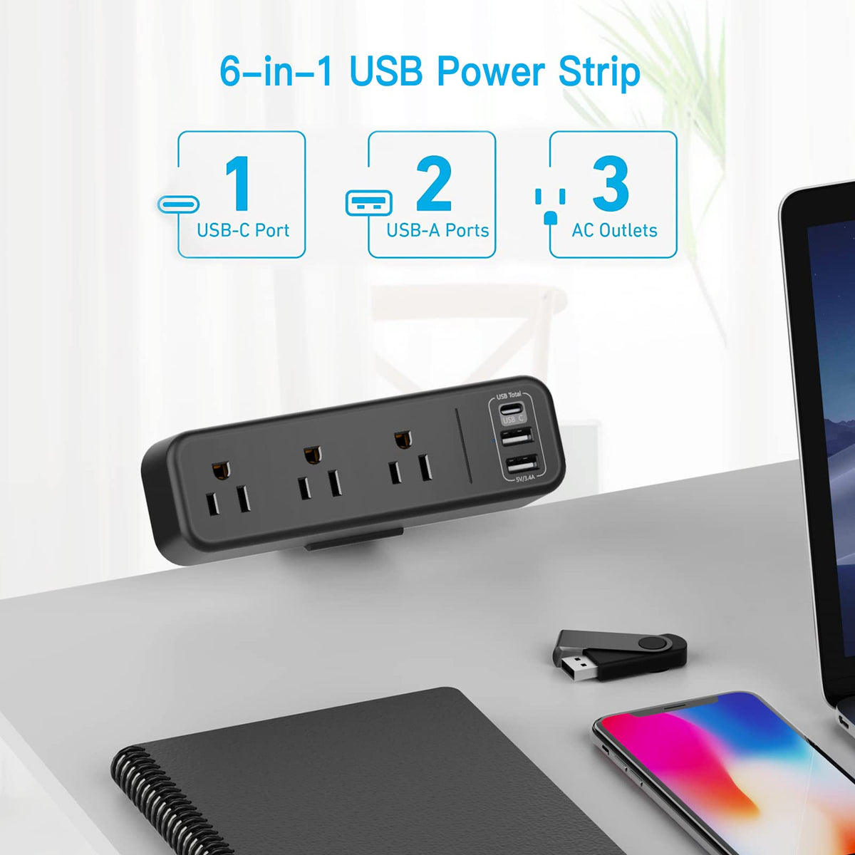 PAEWOK flat-plug extension cord keeps walls clear and furniture nearby.