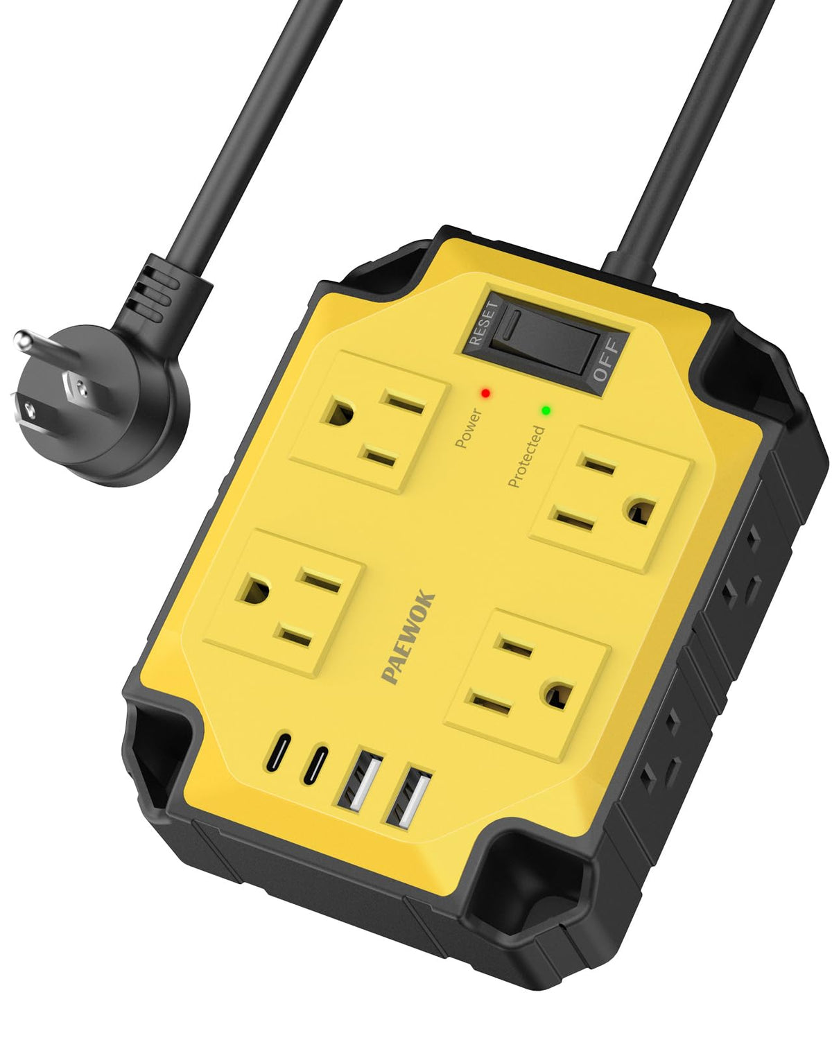 PAEWOK front view showing eight outlets and yellow housing for organized power