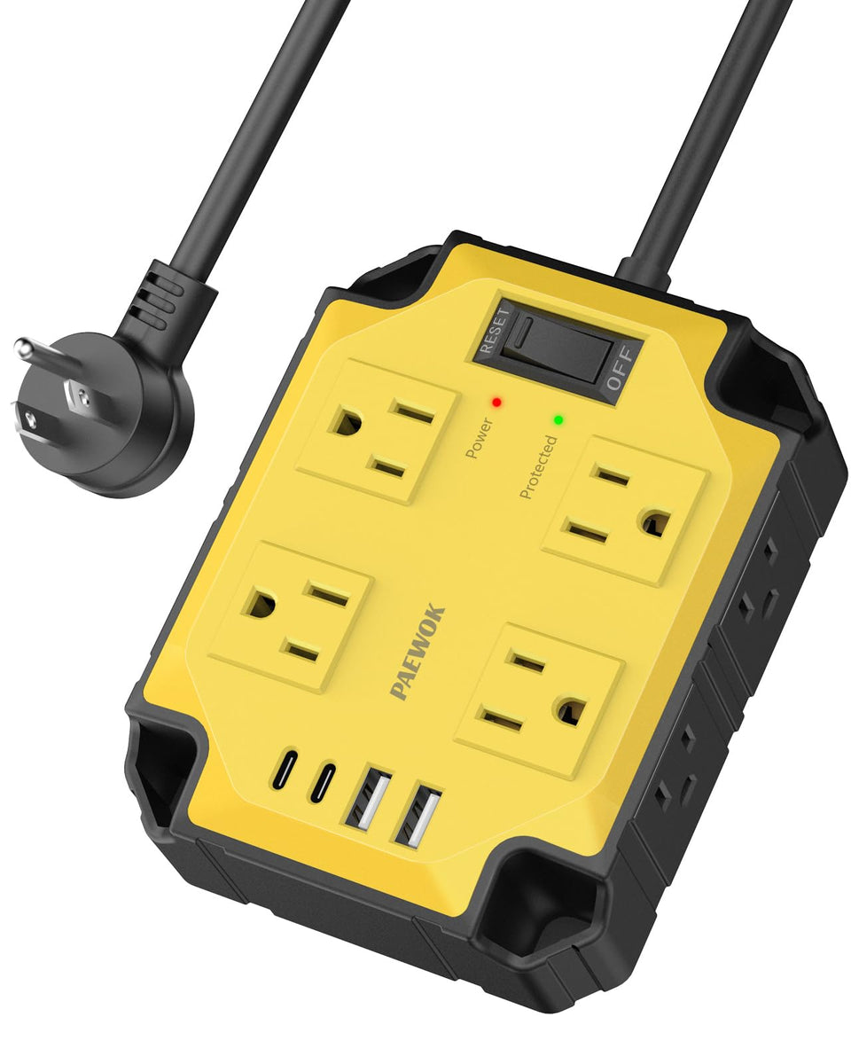 PAEWOK front view showing eight outlets and yellow housing for organized power