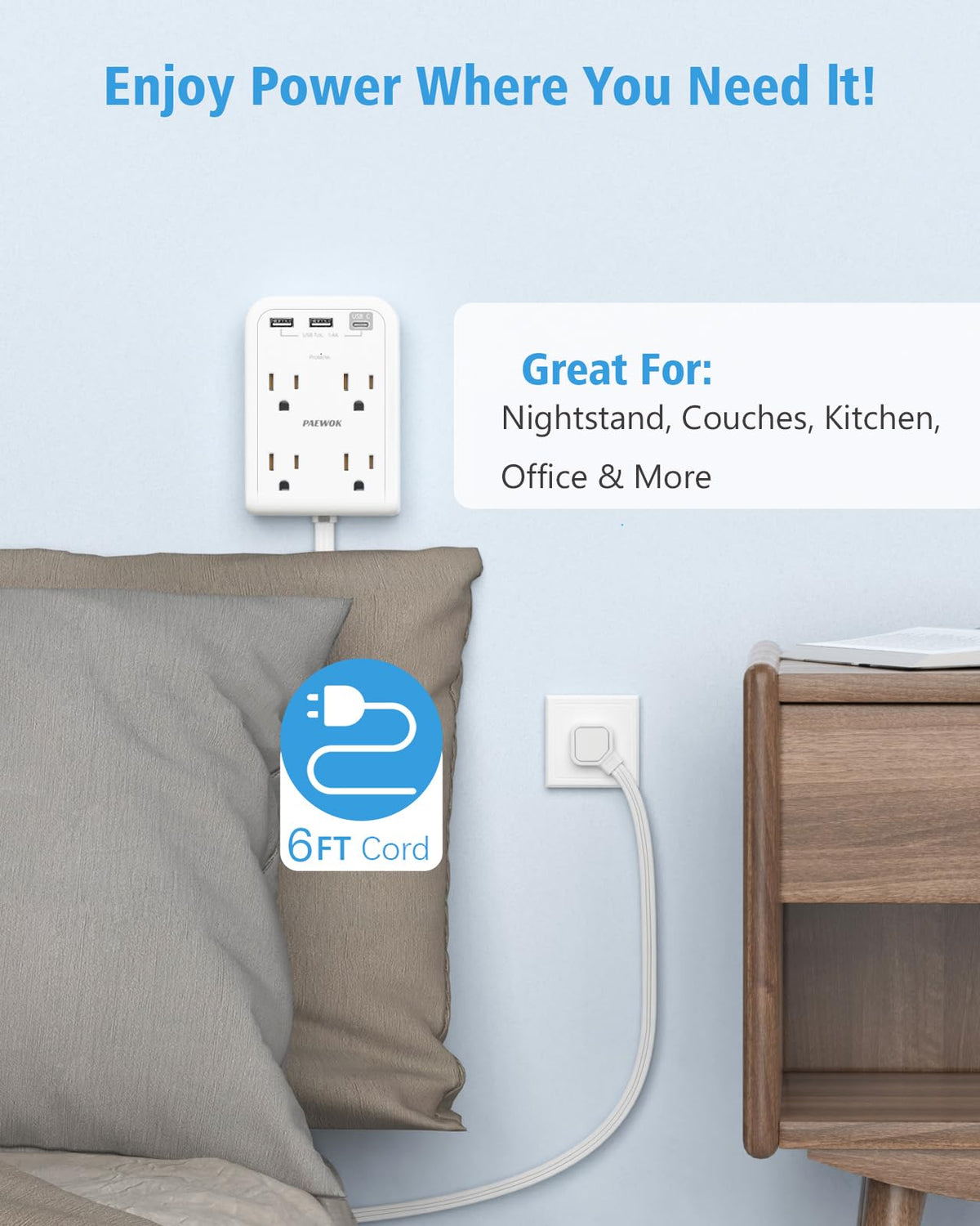 PAEWOK outlet extender stick with four outlets and USB-C provides versatile dorm room power.