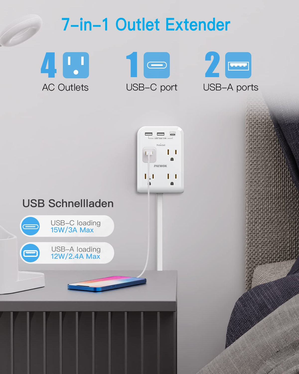 PAEWOK flat plug design sits nearly flat against the wall for hidden installation.
