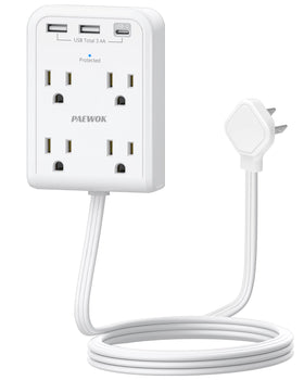PAEWOK surge protector power strip front view with 4 outlets and USB ports.