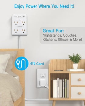 PAEWOK power strip side view showing ultra-flat plug designed to sit flush to wall.