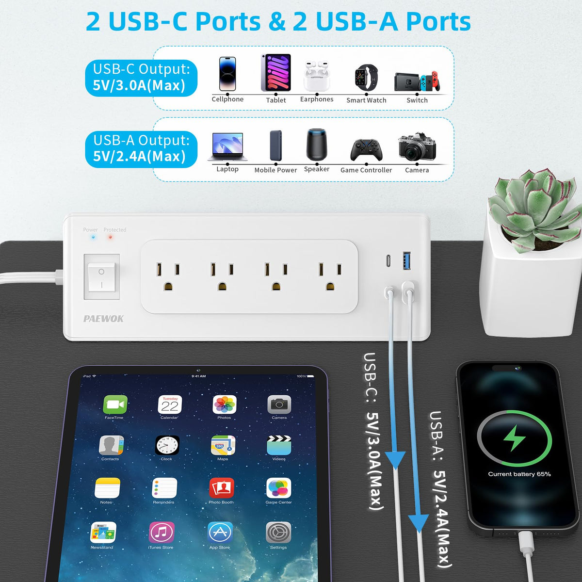PAEWOK USB ports close-up highlighting USB-C and USB-A fast charging convenience