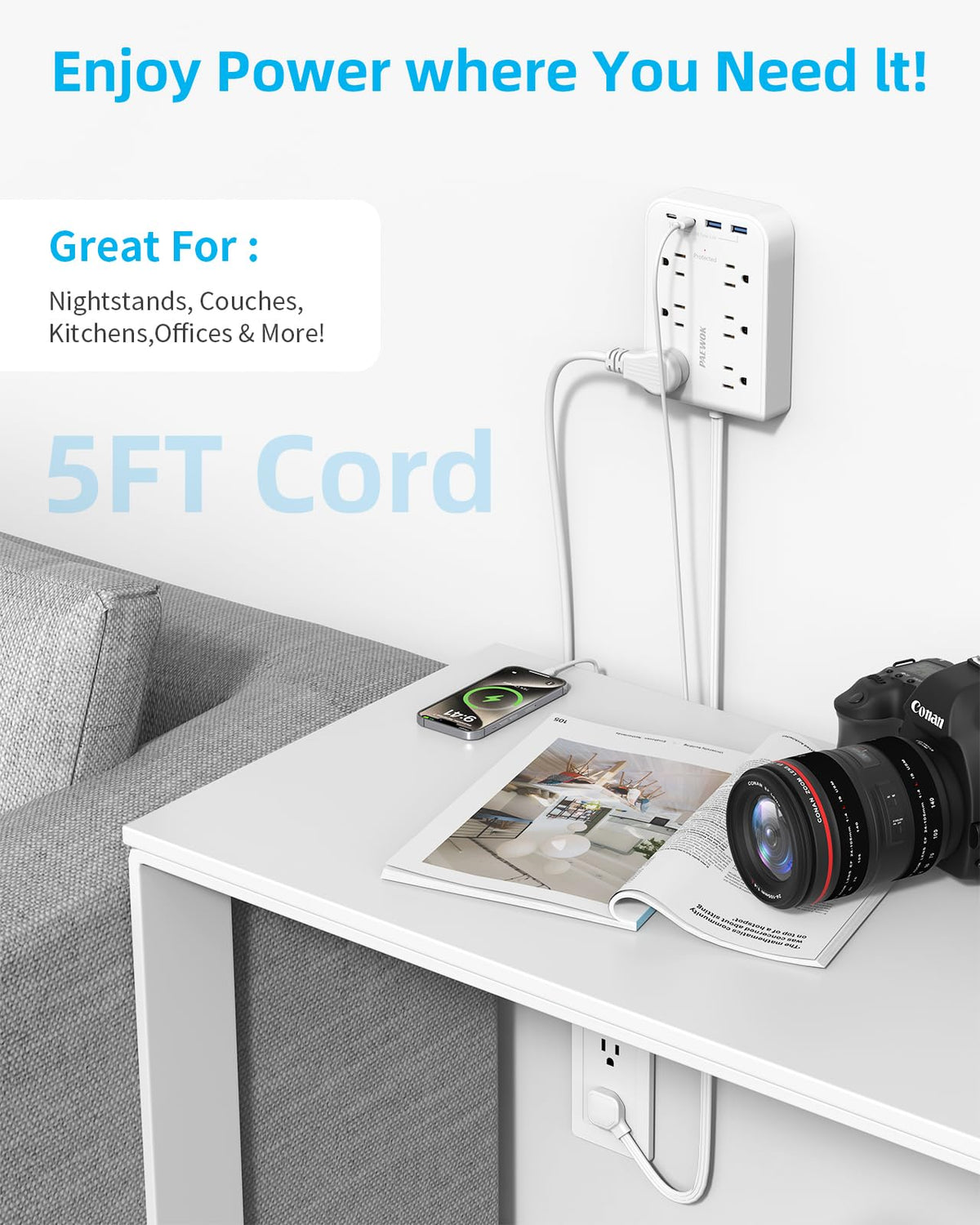 PAEWOK wall-mountable power strip shown mounted for clean cable management