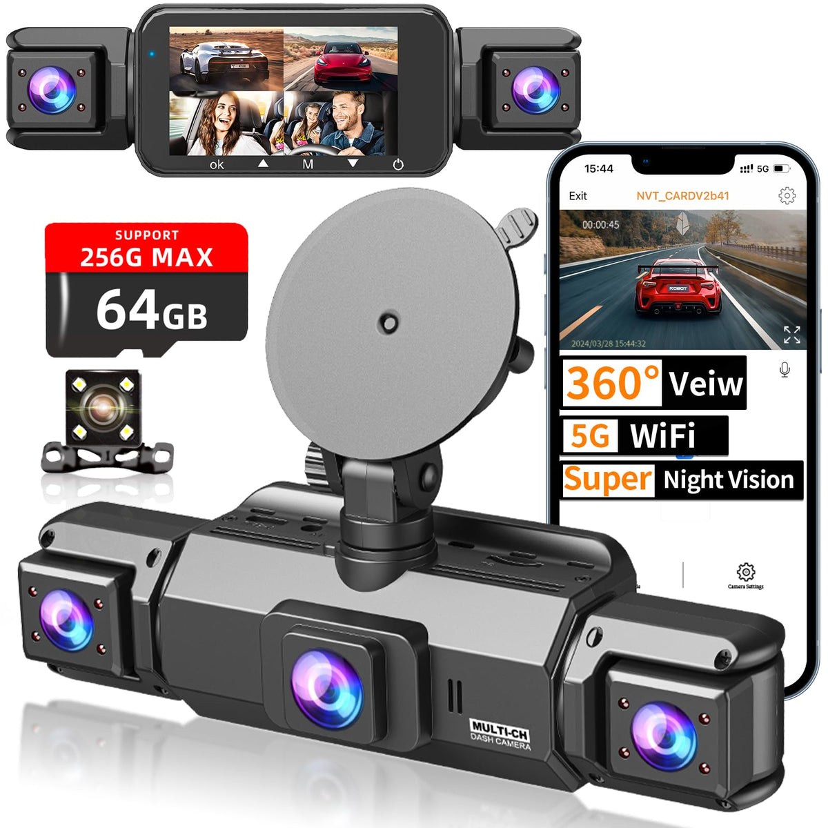 Pahaa W5N 360-degree dash cam front-rear-cabin views for comprehensive road coverage.