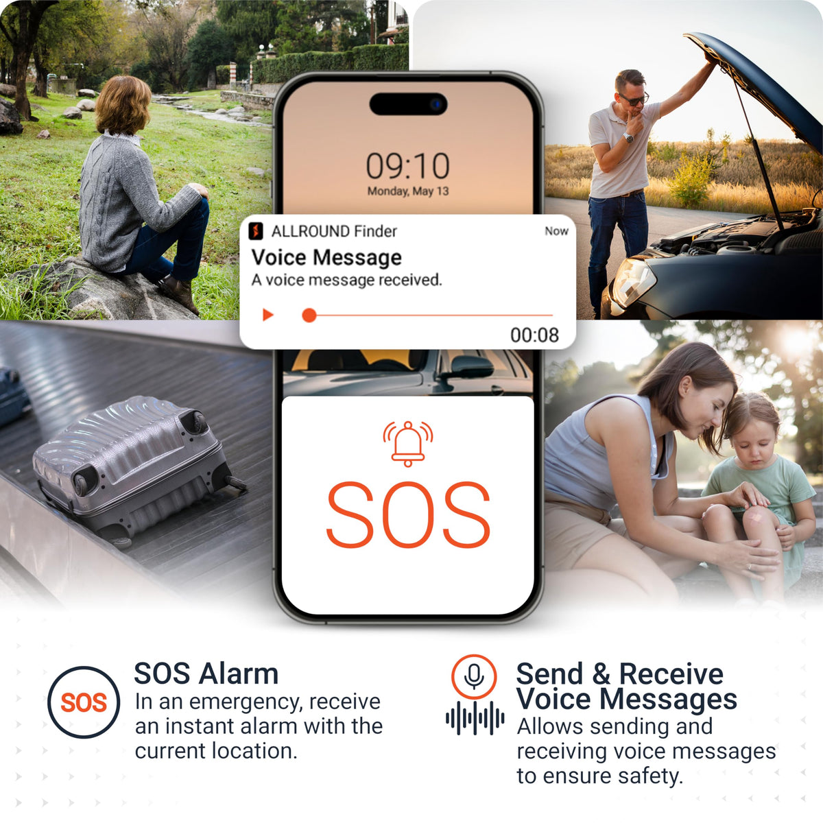 PAJ GPS closeup of SOS button for fast emergency signaling benefit
