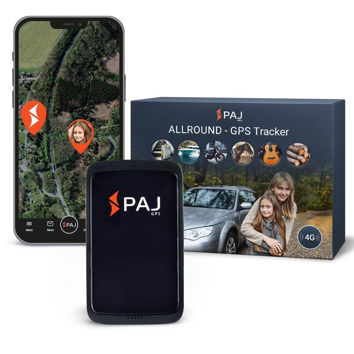 PAJ GPS front view showing compact tracker and secure mounting benefit