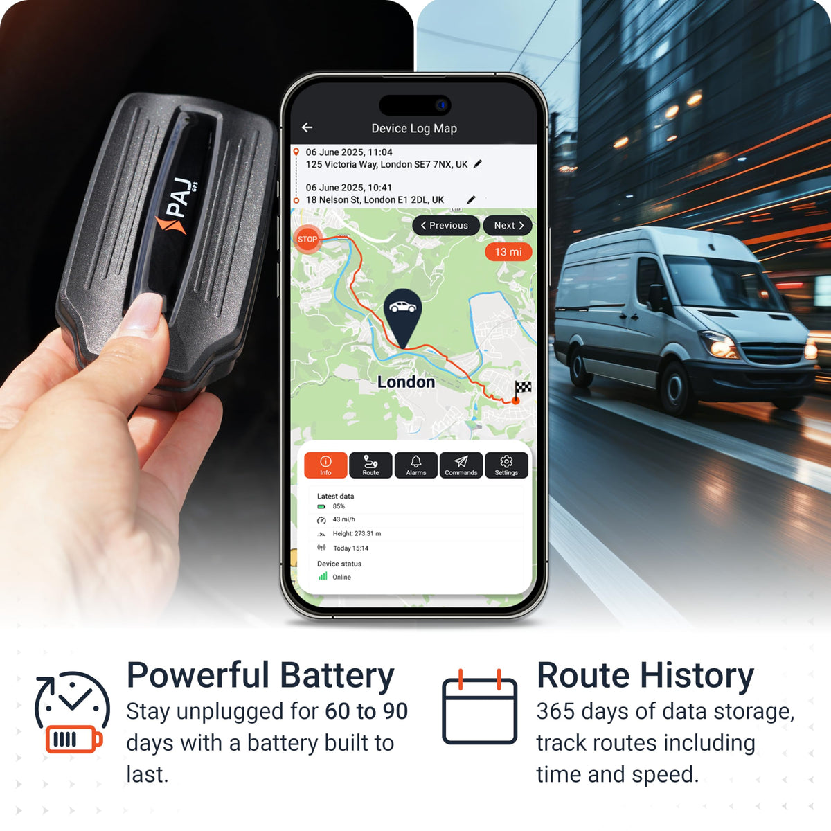 PAJ GPS battery indicator showing remaining power for long-lasting monitoring