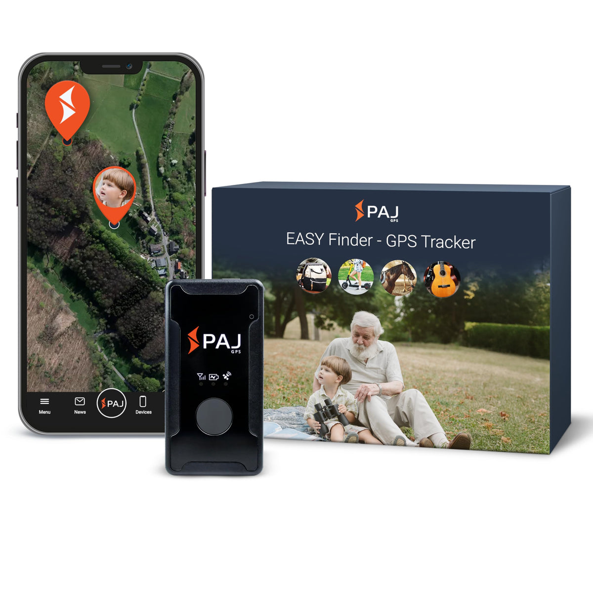 PAJ GPS Easy Finder 4G front view showing compact tracker and display benefit quick identification