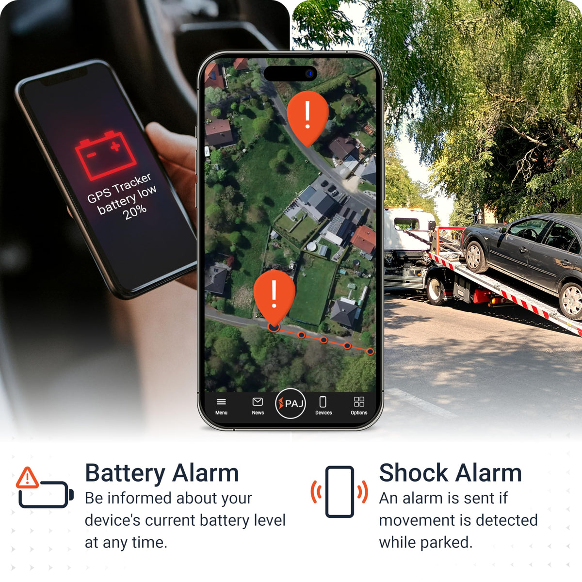 PAJ GPS mobile app map screen showing live location and route history benefits