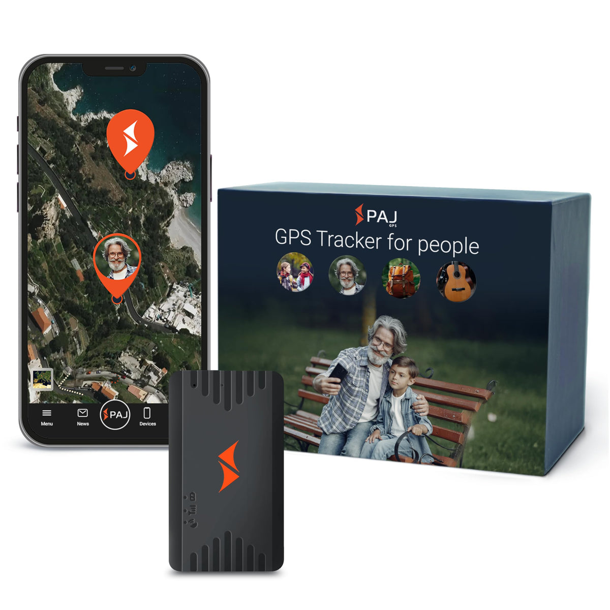 PAJ GPS front view showing compact tracker and visible benefits