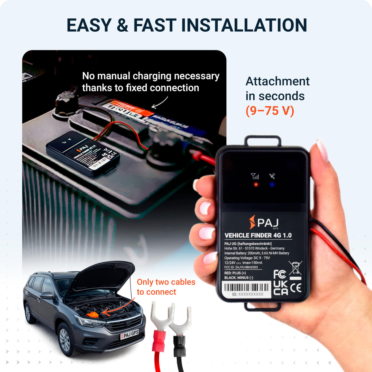PAJ GPS closeup label showing model info and easy identification benefit