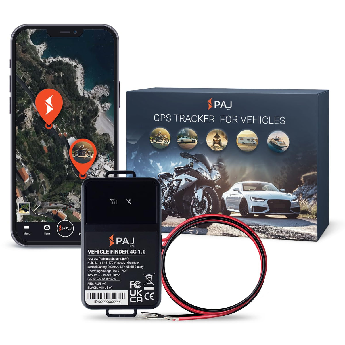 PAJ GPS front view showing compact tracker and benefit of discreet installation