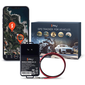 PAJ GPS front view showing compact tracker and benefit of discreet installation