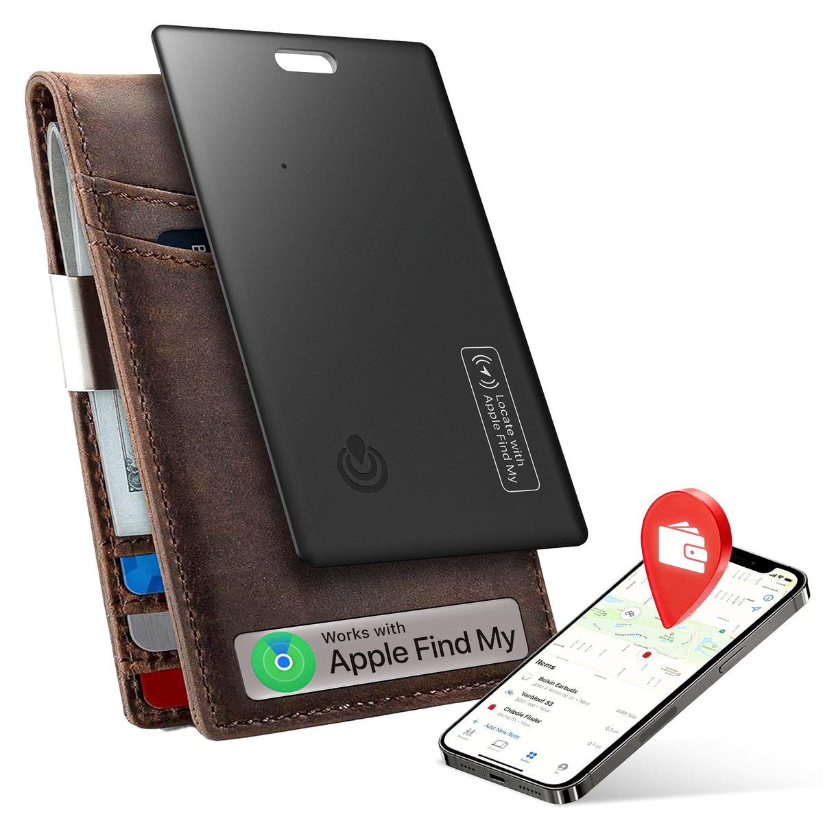 PAKCQNH wallet tracker card front view showing slim profile and branding for discreet tracking