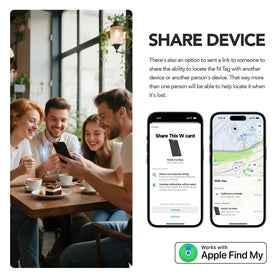 PAKCQNH wallet tracker card with an iPhone Find My map displayed showing location tracking benefit