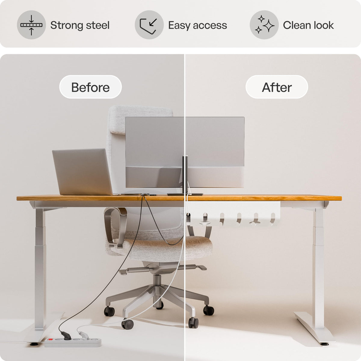 pamo tray storing multiple power strips and adapters, secures heavy items benefit