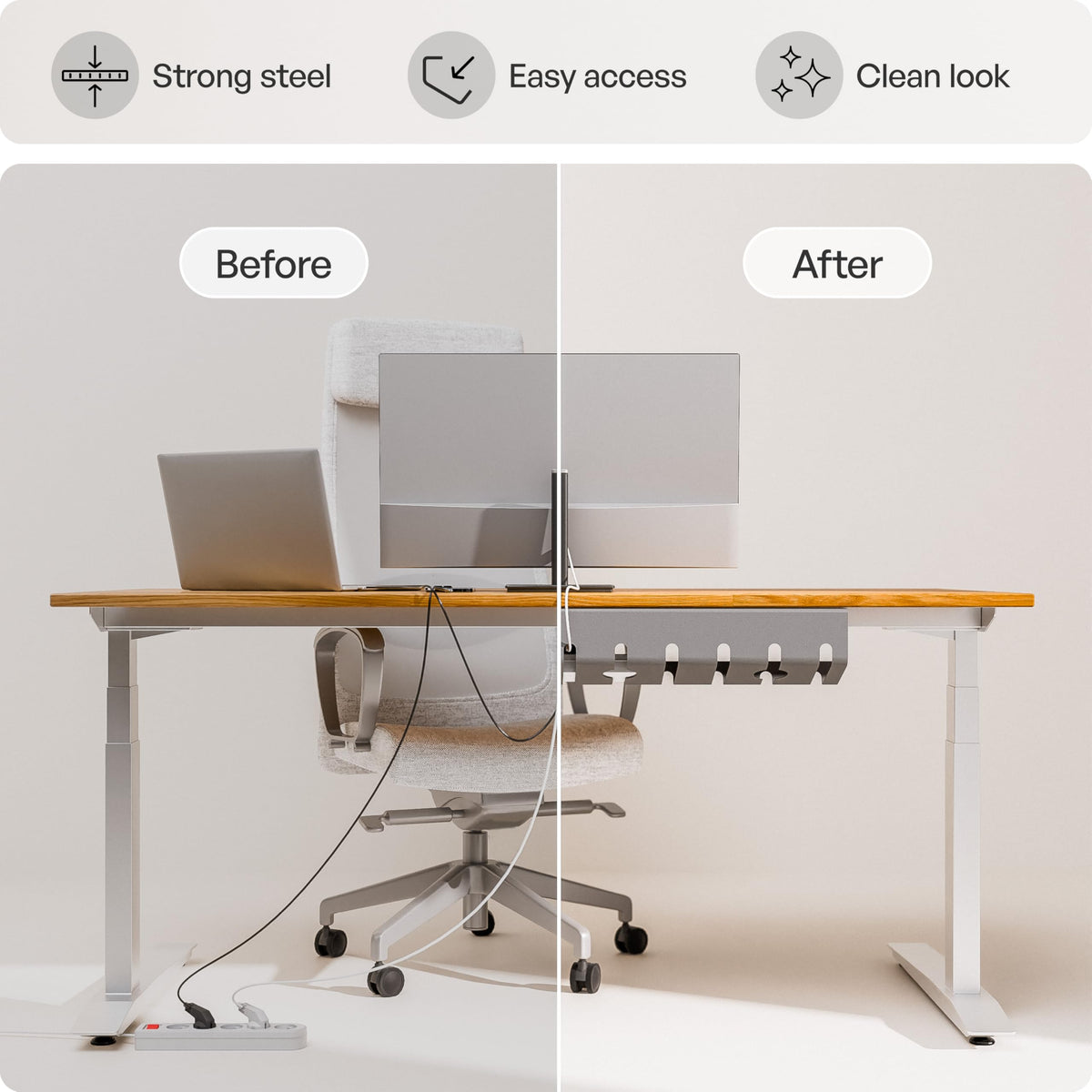 pamo tray holding power strips and adapters keeping workspace clutter free