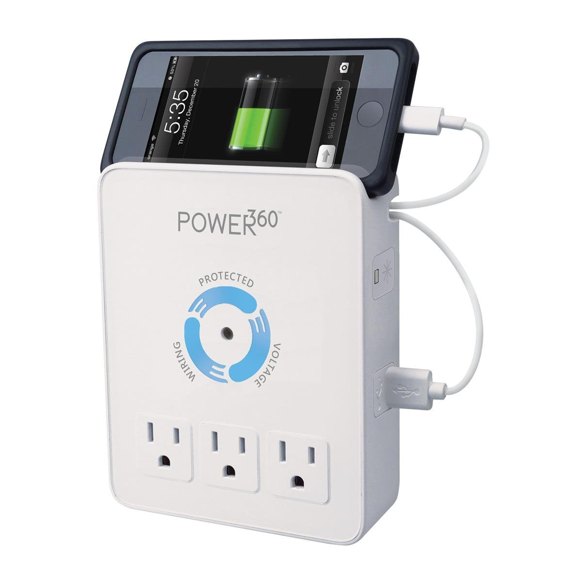 Panamax P360 on desk powering laptop and phone for organized charging benefit