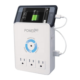 Panamax P360 on desk powering laptop and phone for organized charging benefit