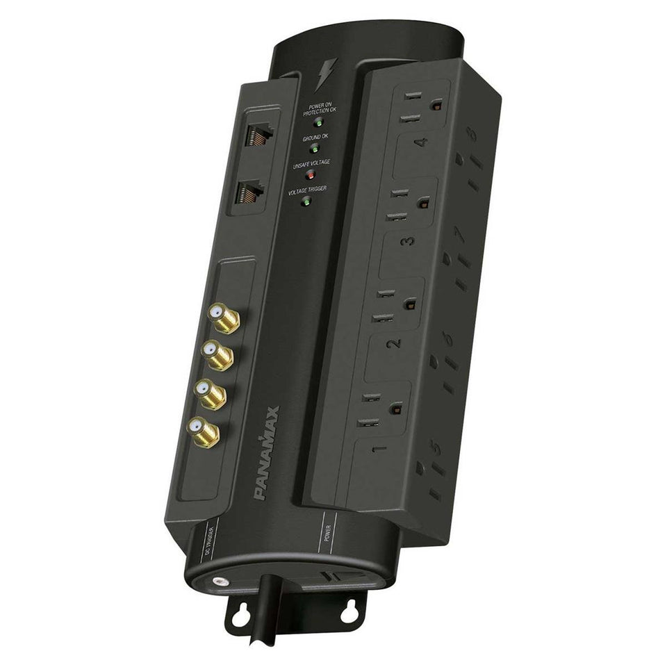 Panamax M8-AV-PRO front view with dual isolated outlets for clean power delivery.