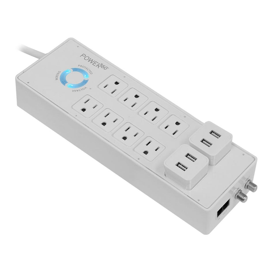 Panamax P360-8 front panel showing eight outlets and LED protection ring for device safety