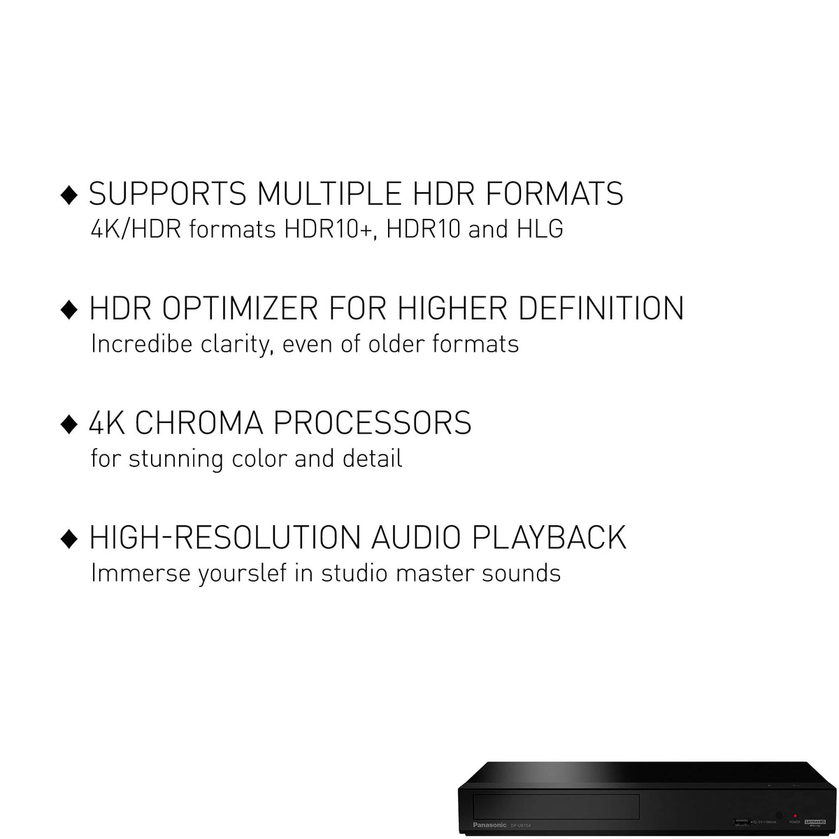 Panasonic DP-UB154P-K back panel highlights multiple ports for HDR and high-quality audio connections.