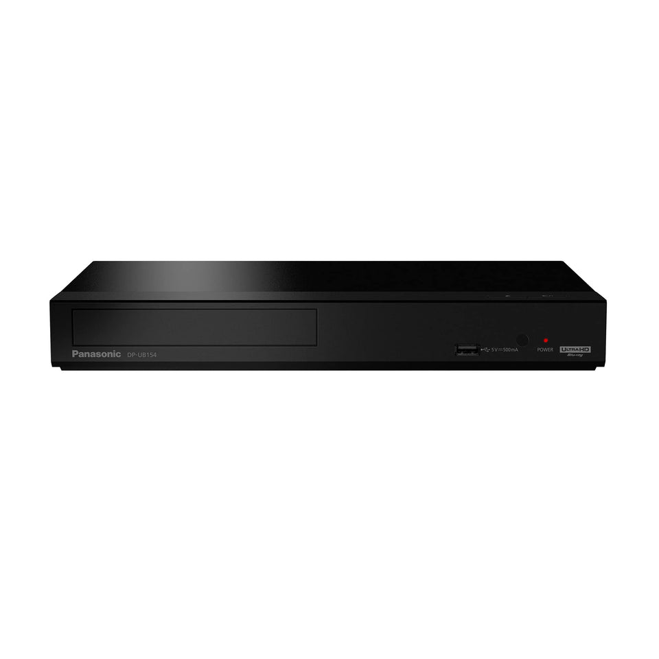 Panasonic DP-UB154P-K front view with a sleek black chassis ideal for any living room setup.