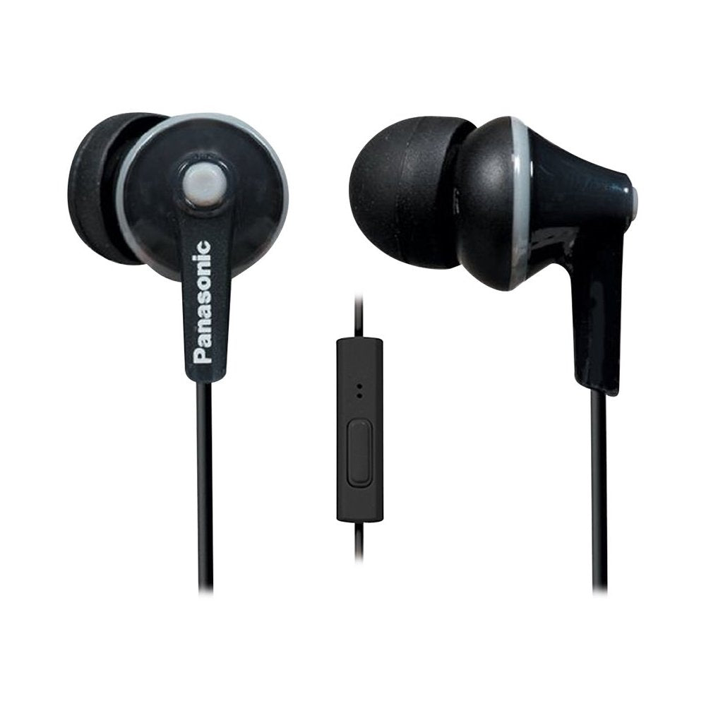 Panasonic ErgoFit earbud headphones with microphone in black, close-up for hands-free calls