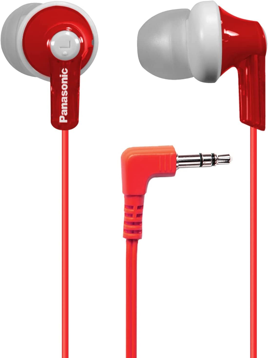Panasonic ErgoFit RP-HJE120-R earbuds red – compact, travel-friendly design.