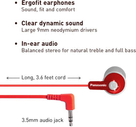 Panasonic ErgoFit RP-HJE120-R red earbuds side view for lightweight comfort.