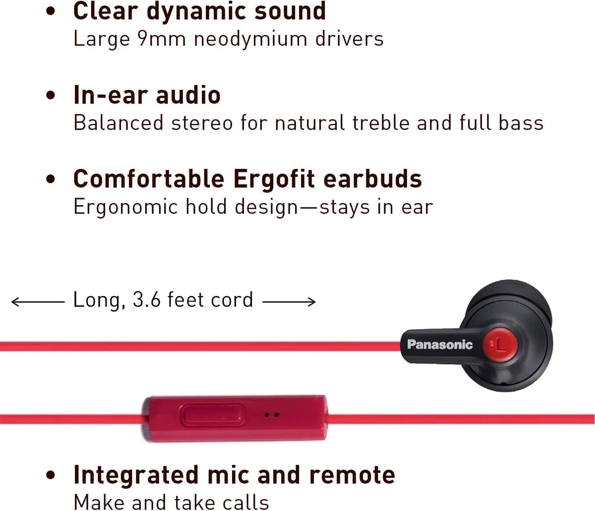 Panasonic ErgoFit earbud tips in S/M/L for a secure, customized fit