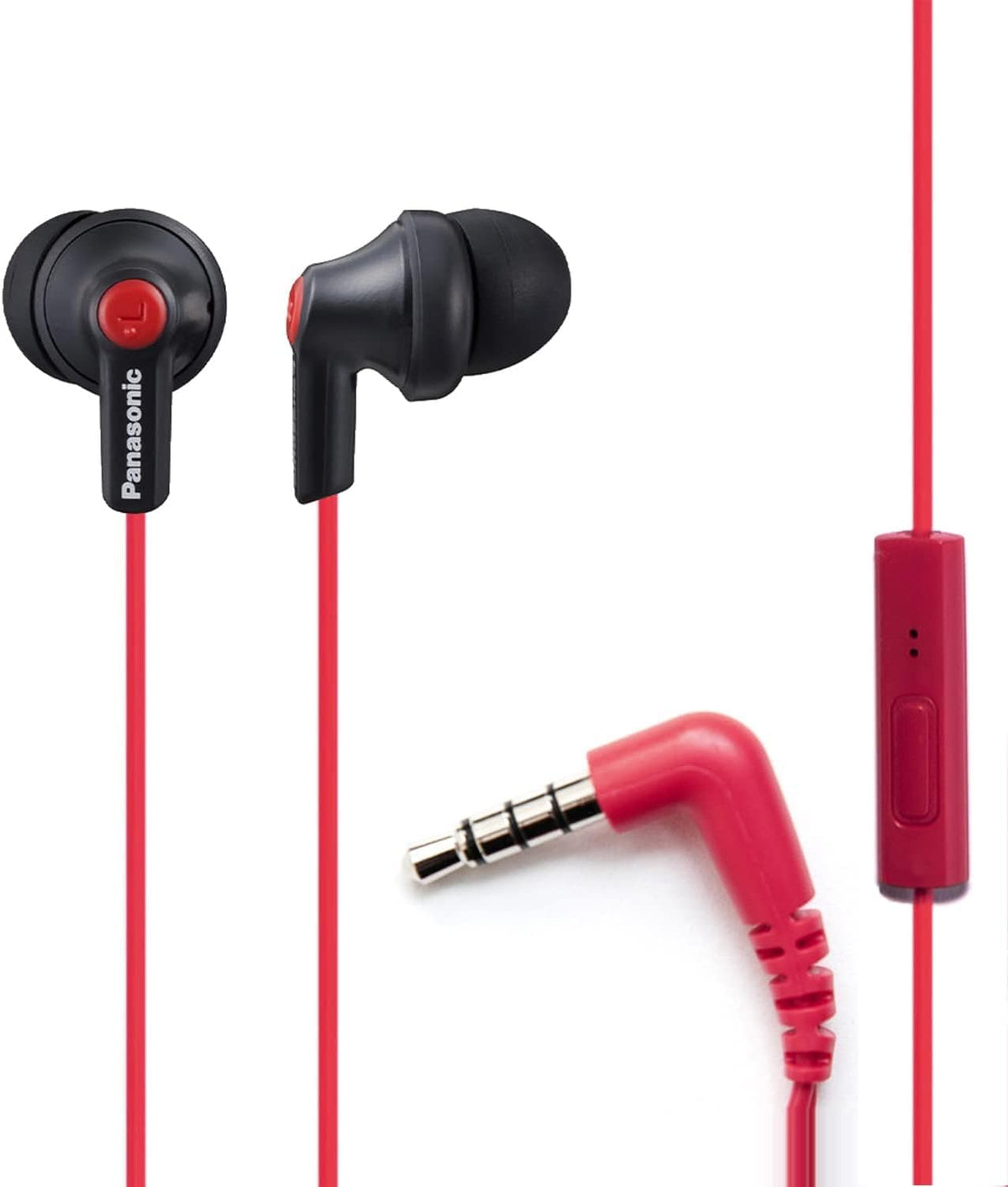 Panasonic ErgoFit closeup in matte black and red, showing sleek everyday listening