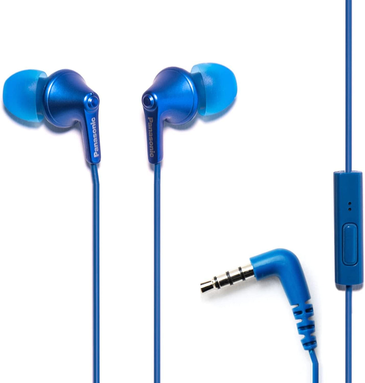 Panasonic ErgoFit earbuds in metallic blue for secure daily listening.