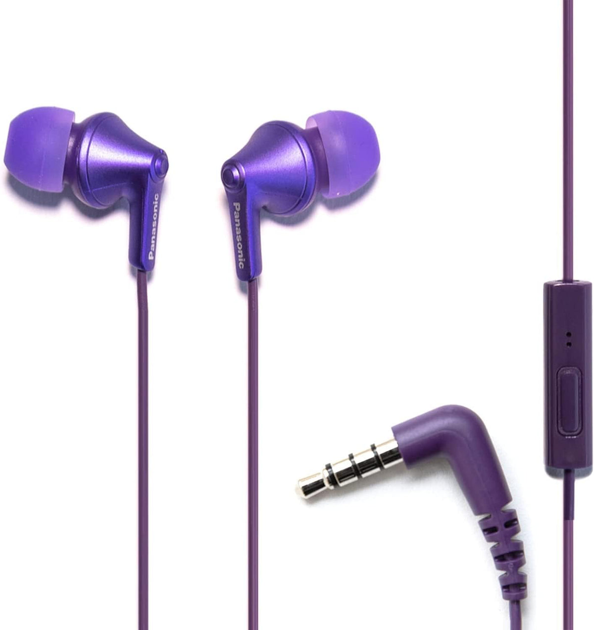 Panasonic ErgoFit earphones in metallic purple with inline microphone for calls