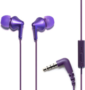 Panasonic ErgoFit earphones in metallic purple with inline microphone for calls