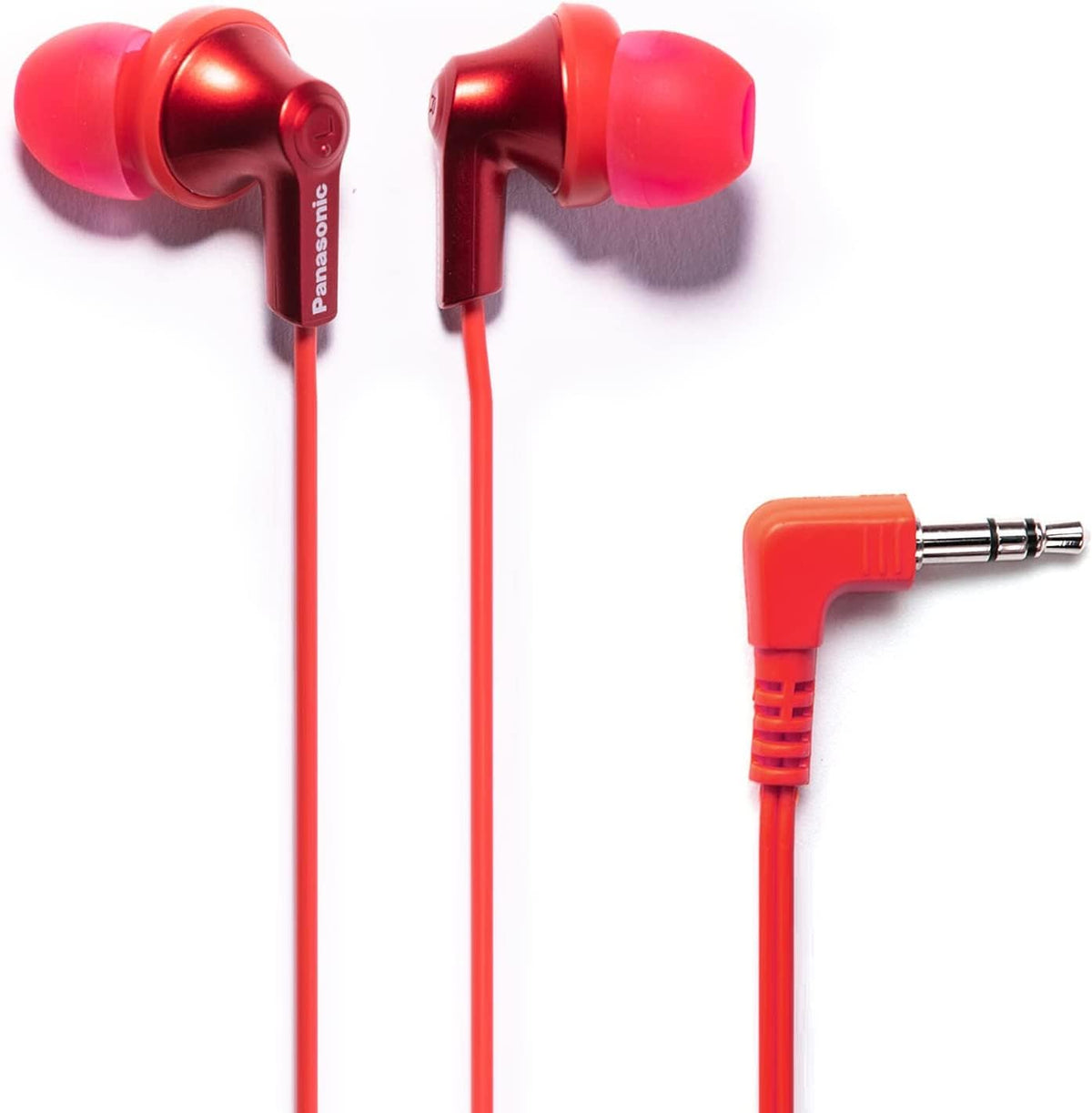 Panasonic Ergofit earbuds in metallic red front view with secure fit.