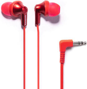 Panasonic Ergofit earbuds in metallic red front view with secure fit.