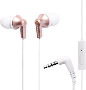 Panasonic ErgoFit rose gold earbuds front view highlighting stylish design and compact fit.